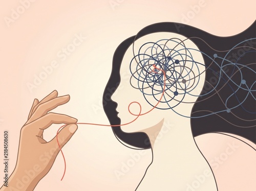 A hand untangling a messy ball of thread inside a human profile