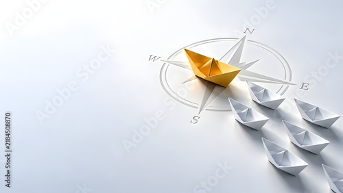 Yellow paper boat at center of compass guiding fleet of white boats representing leadership navigation and strategic direction
