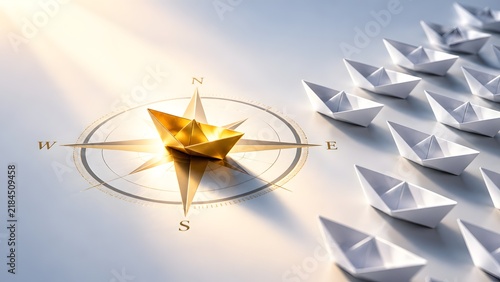 Golden origami boat on compass pointing towards light ray leading white boats representing visionary leadership and bright future