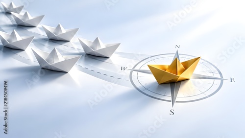 Golden origami boat leading white boats along dotted path over compass symbol representing guided business strategy and successful journey