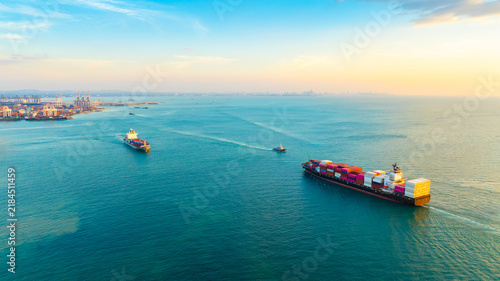 Aerial view of the freight shipping transport system cargo ship container. international transportation Export-import business, logistics, transportation industry concepts	
