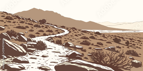 Rocky desert path winding through arid landscape with landscape mountain wilderness outdoors