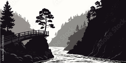 Graphic illustration of a forest river canyon with a wooden footbridge and dense pine trees