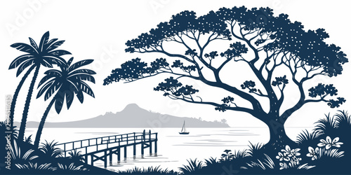 Silhouette landscape of a seaside wooden pier with palm trees and a sailboat silhouette landscape