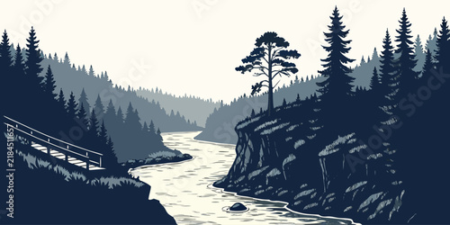 Graphic illustration of a winding river flowing through a deep forest valley with pine trees