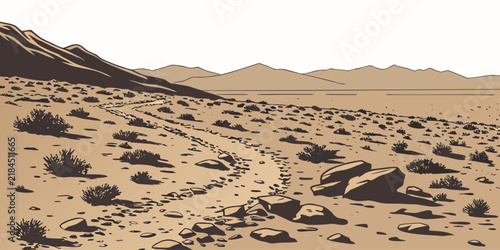 Graphic illustration of a dusty desert trail winding through arid terrain with distant mountains