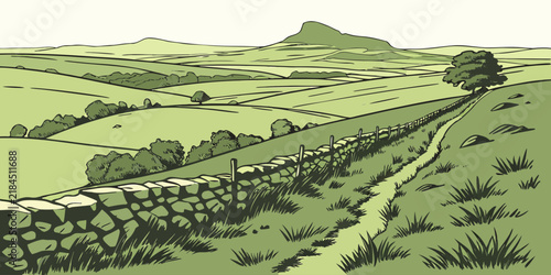 Graphic illustration of rolling green fields with stone walls and a path through the countryside