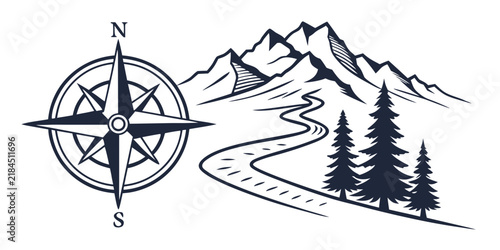Vintage nautical compass and mountain landscape with pine trees graphic illustration