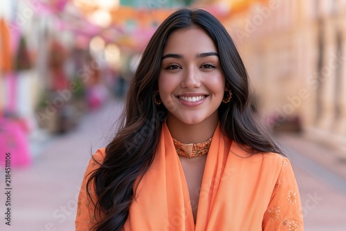 Beautiful young woman with long dark hair wearing an orange ethnic outfit in a bright street