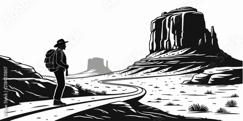 Hiker with backpack exploring monumental desert landscape with giant red rock formations