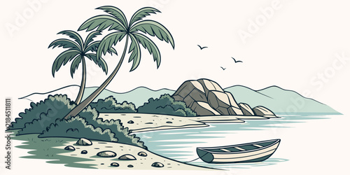Tropical island coastal landscape with palm trees boat and rocky shore small boat tropical paradis