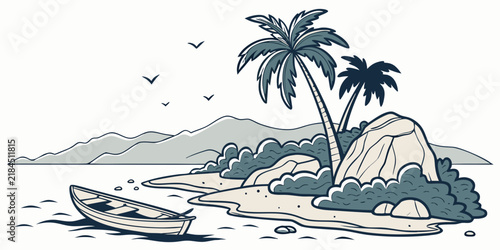 Tropical island beach scene with palm trees small boat and rocky coastline