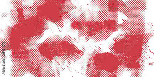 Red halftone pattern with abstract shapes on white background in graphic design style
