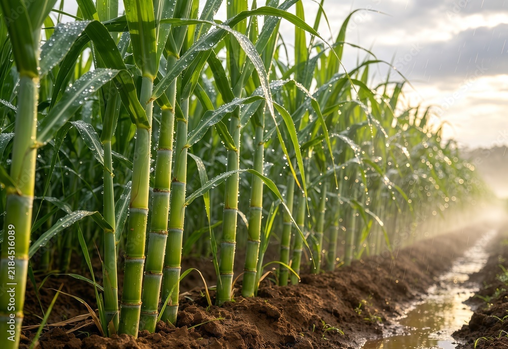 Obraz premium Lush sugarcane plantation after rain with wet soil, sparkling droplets, mist, and warm golden sunlight.