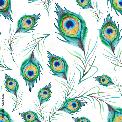 Peacock feathers, seamless pattern. The illustration is hand-drawn, executed in watercolor. A beautiful bright multicolored Phoenix bird feather on a white background. Asian, Indian ornament