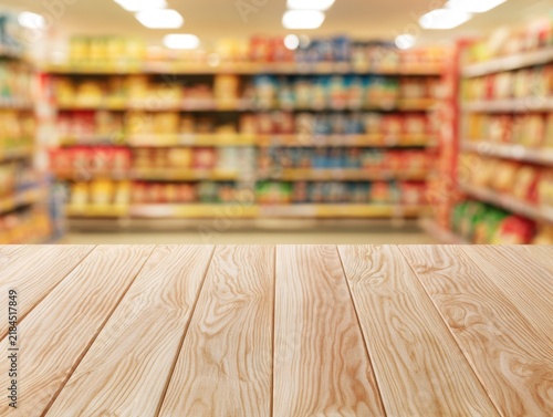 Wooden tabletop in focus with blurred supermarket shelves full of various packaged goods in the background.