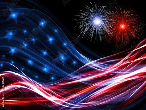 Abstract patriotic design featuring flowing red, white, and blue light streaks with stars and fireworks against a dark background.