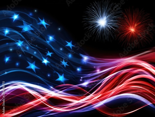 Abstract American flag design with glowing stars and red and white light trails, accompanied by blue and red fireworks on a black background.