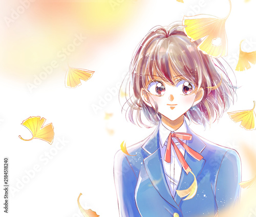 女子学生　バストアップ　強気　イチョウ
