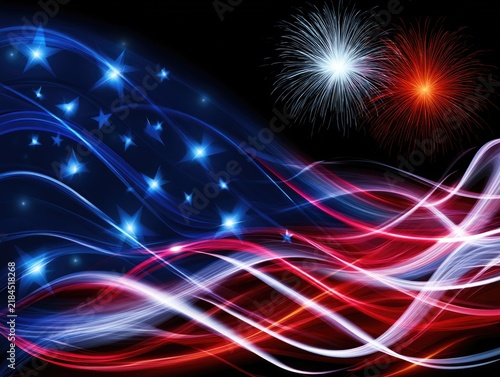 Abstract American flag design with flowing red, white, and blue light trails, stars, and fireworks on a dark background.