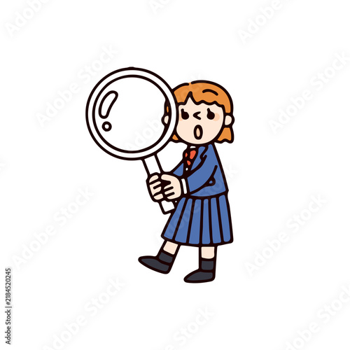虫眼鏡を持っている女子学生のイラスト