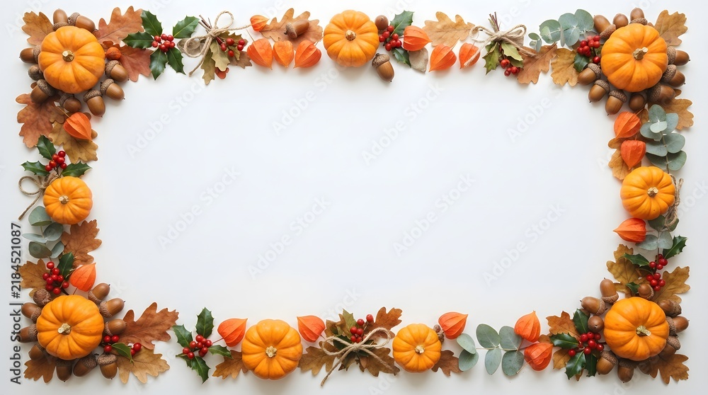 Obraz premium Autumn frame made of pumpkins, acorns, leaves, and berries isolated on white background
