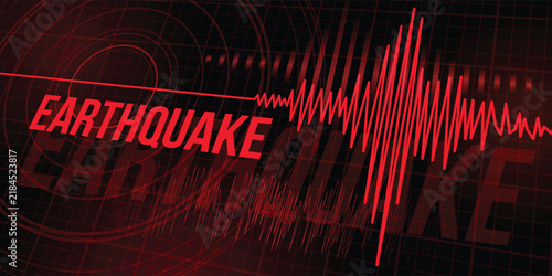 Earthquake Concept - Red line Frequency seismograph waves cracked and circle vibration on grid texture black background vector illustration design