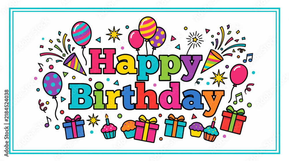 Fototapeta premium Colorful birthday celebration graphic featuring balloons confetti and gifts in a playful cartoon style