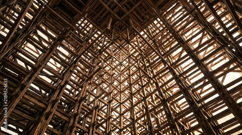 Intricate wooden lattice ceiling detail with warm tones and geometric patterns creating an abstract architectural view