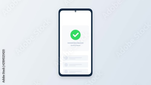 3D render of a modern smartphone displaying a green check mark icon for success, digital payment confirmation, and user account verification process