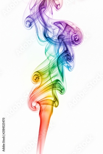 Swirling Rainbow Colored Smoke Plume Against a White Background