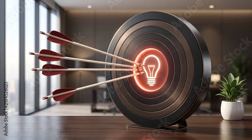 Arrows hitting center glowing light bulb target on executive desk symbolizing creative business solutions