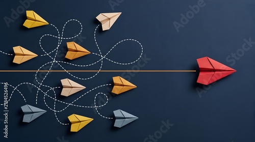 Red origami airplane cutting straight through tangled chaotic paths symbolizing strategic clarity and speed