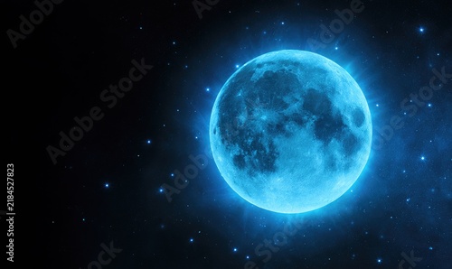 Glowing Blue Moon Illuminates Starry Night Sky.
