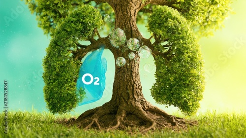 Tree shaped like lungs releasing oxygen, symbolizing natures breath and environmental health.