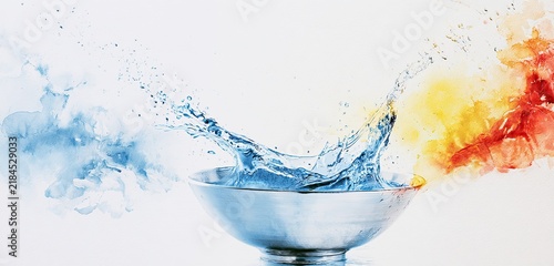 Dynamic Splash of Water and Fire Elements in a Bowl.