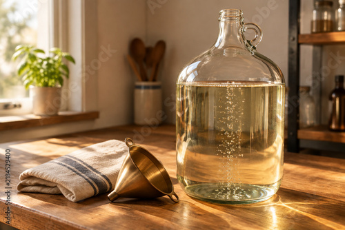 Glass carboy with rising bubbles, brass funnel and cloth, craftsmanship and warm service concept