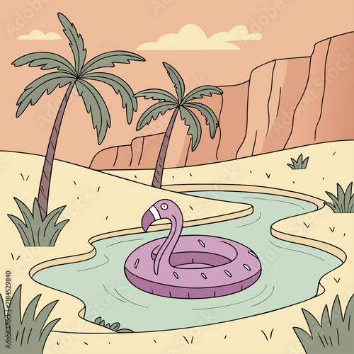 Cartoon illustration of a pink flamingo float in a desert river landscape with pool float