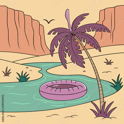 Illustration of a purple inflatable ring floating in a desert river oasis with purple float