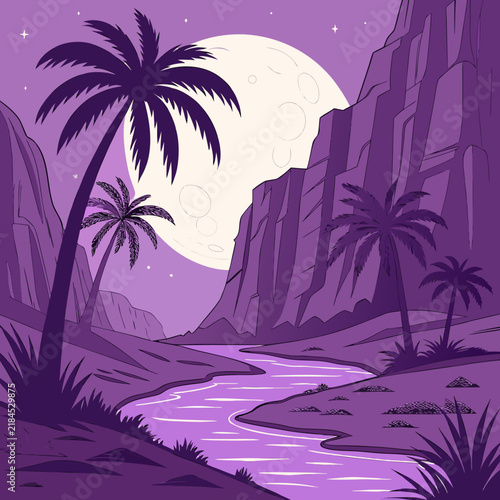 Illustration of a serene palm tree valley landscape under a large glowing full moon at night