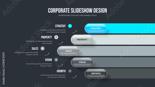 Consulting Proposal Five Element Infographic Slideshow Layout. Corporate Review 5 Step Diagram Frame Design. Marketing Portfolio Slide Template Vector Illustration.