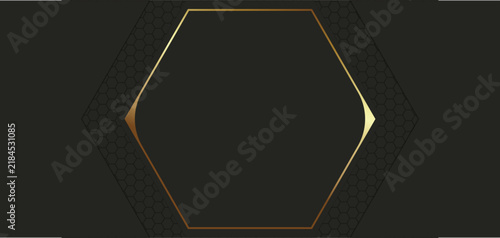Abstract golden hexagon frame on a solid dark background with abstract