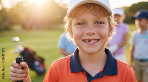 Smiling young boy enjoying outdoor junior golf lessons with friends on a sunny day