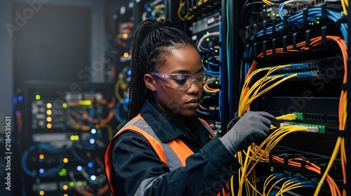 A focused woman technician working with network cables in a server room