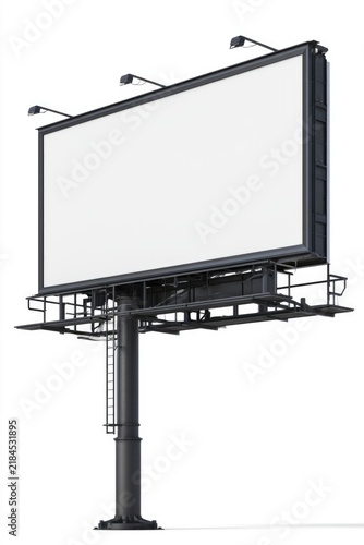 A large, empty outdoor billboard mounted on a tall black pole with three lights on top, ready for advertising or promotional content.