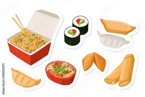 Illustration of various Asian food items including noodles, sushi, dumplings, spring rolls, and a fortune cookie.