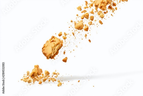 Crumbled brown cookie pieces scattered diagonally on a white background, with crumbs trailing behind.
