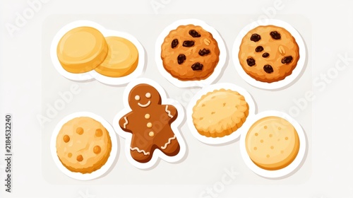A variety of seven illustrated cookies including gingerbread, chocolate chip, and butter cookies arranged on a white surface.