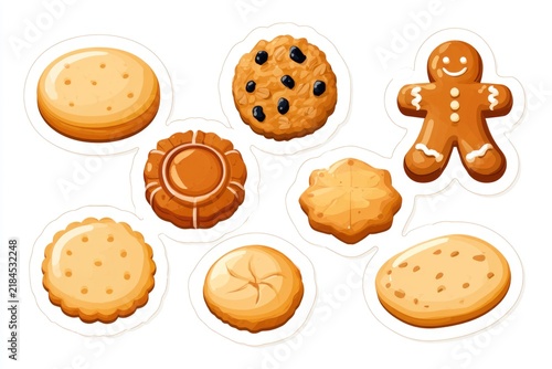 A colorful illustration of assorted cookies including a gingerbread man, chocolate chip, and various shaped biscuits.