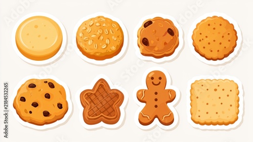 Eight assorted cookies with different shapes and textures, including round, star, gingerbread, and square forms, displayed on a white background.